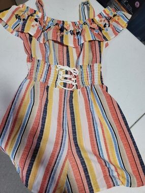 Knitworks Multicolor Striped Girls Romper - Yellow, Blue, Pink, Black